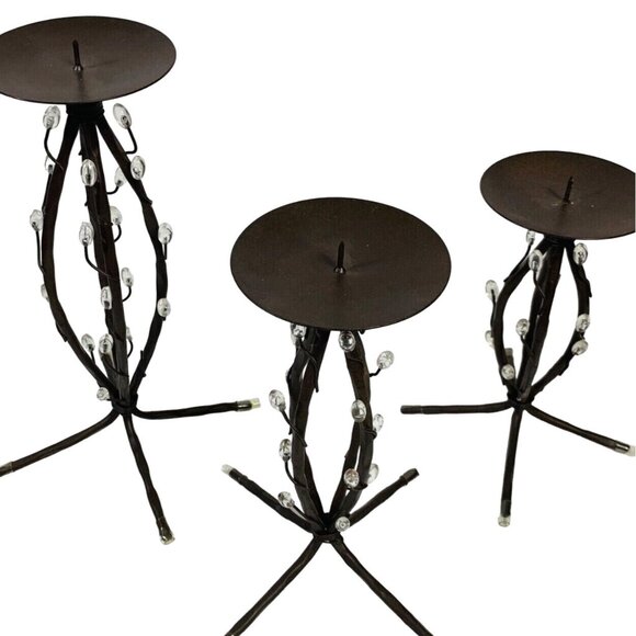 Trio Of Decorative Iron Candle Holders Metalware Brown Clear Teardrops Elements - Picture 4 of 11